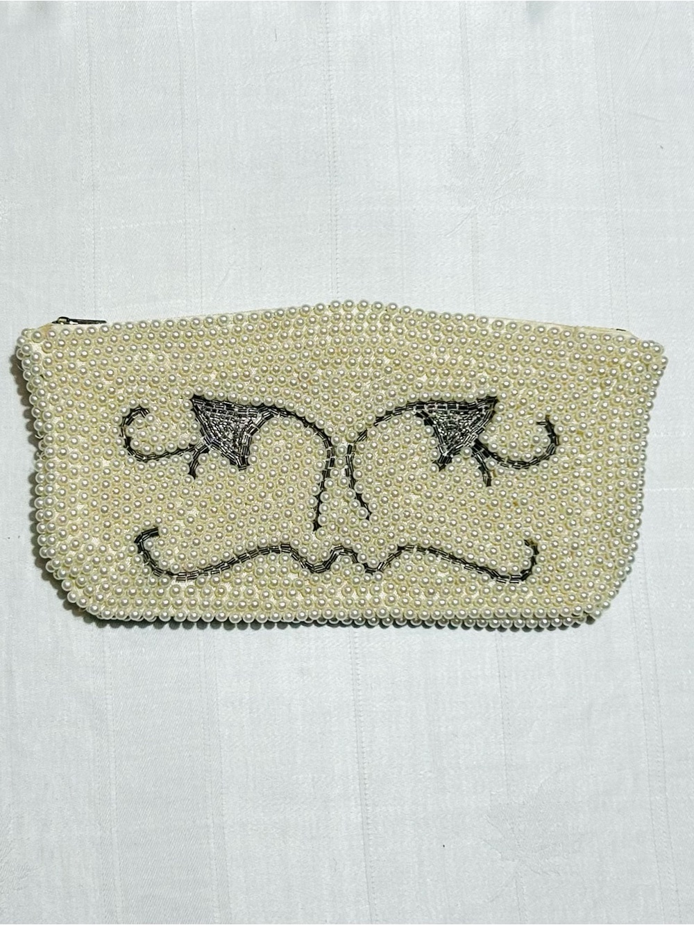 Vintage 60s Pearl Beaded Ivory Zipper Clutch with Grey Bead Detail